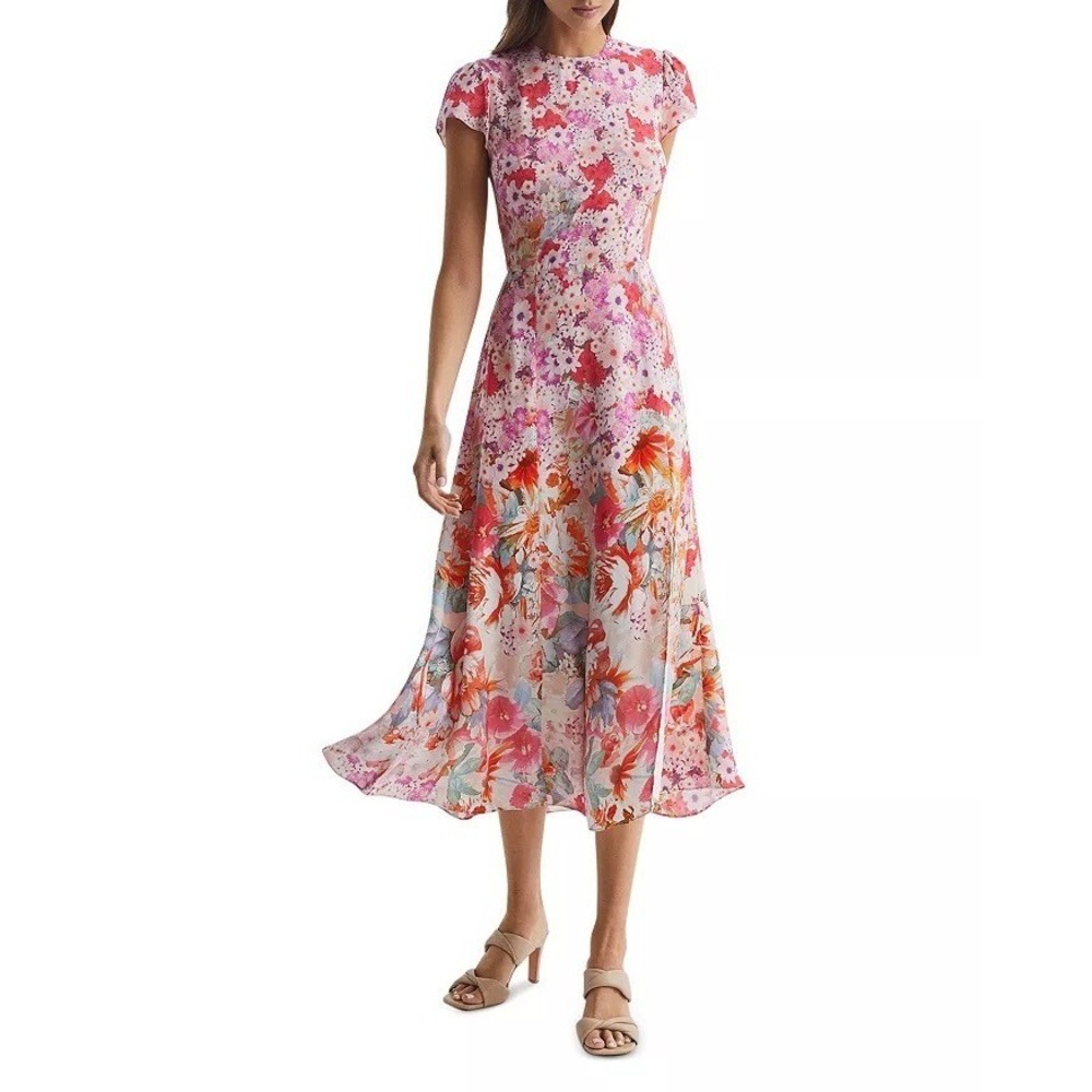 Reiss NWT Floral Ombre Midi Dress US 8 Pink Multicolor Slit Wedding Guest $290 - Picture 5 of 14